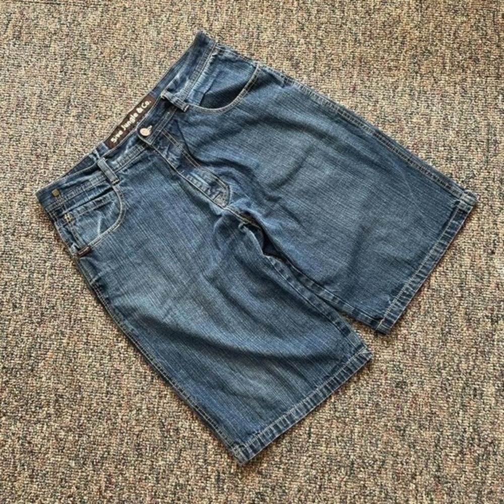 5ive Jungle‎ & Co Mens 36 Blue Denim Shorts Gold Paisley Embroidered Baggy Y2K - Picture 2 of 4